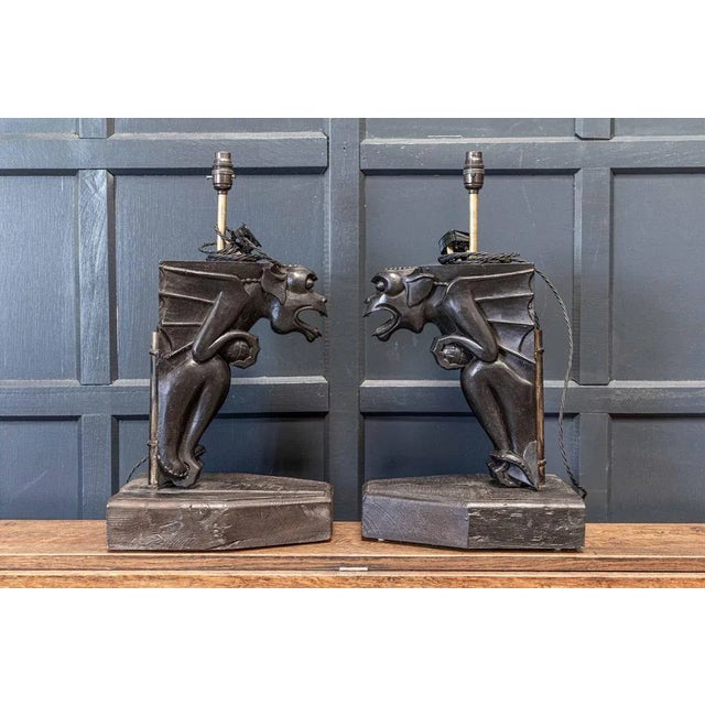 Ebonised Carved Winged Serpent Gargoyle Table Lamp, 19th Century For Sale - Image 3 of 13