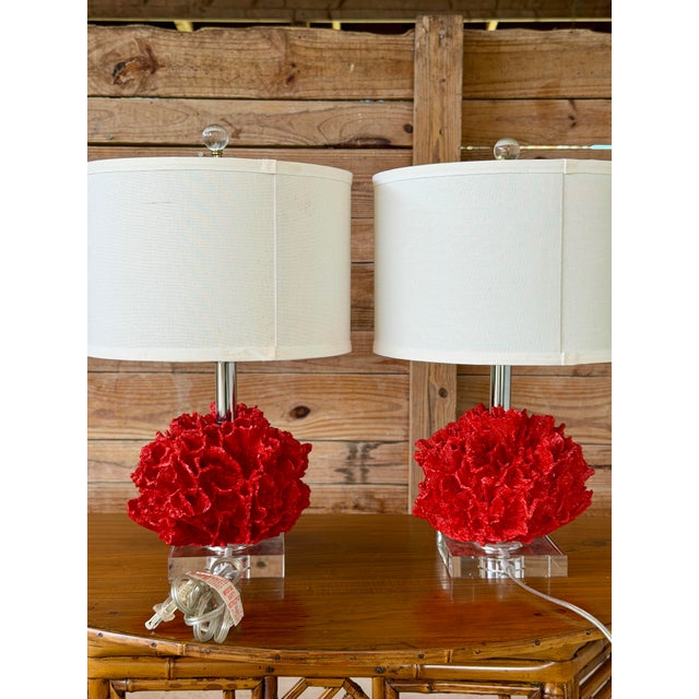 Pair of Red Faux Coral Table Lamps on Clear Acrylic Bases For Sale - Image 4 of 12