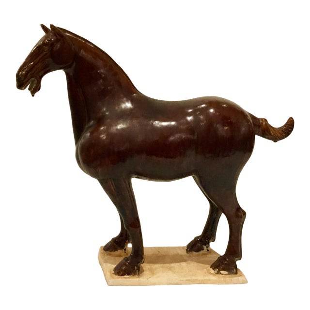 Mid-Century Modern Style Large Asian Brown Glaze Ming Horse Sculpture For Sale