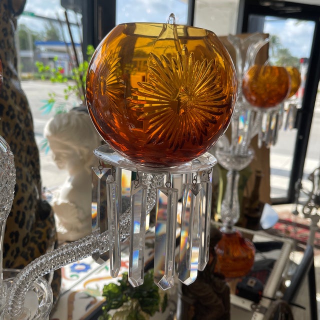 French Saint Louis "Maharadja" Amber & Clear Crystal Candelabra For Sale - Image 3 of 10