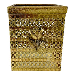 Mid-Century Hollywood Regency Filigree Tissue Box Cover With Rose Embellishment. For Sale