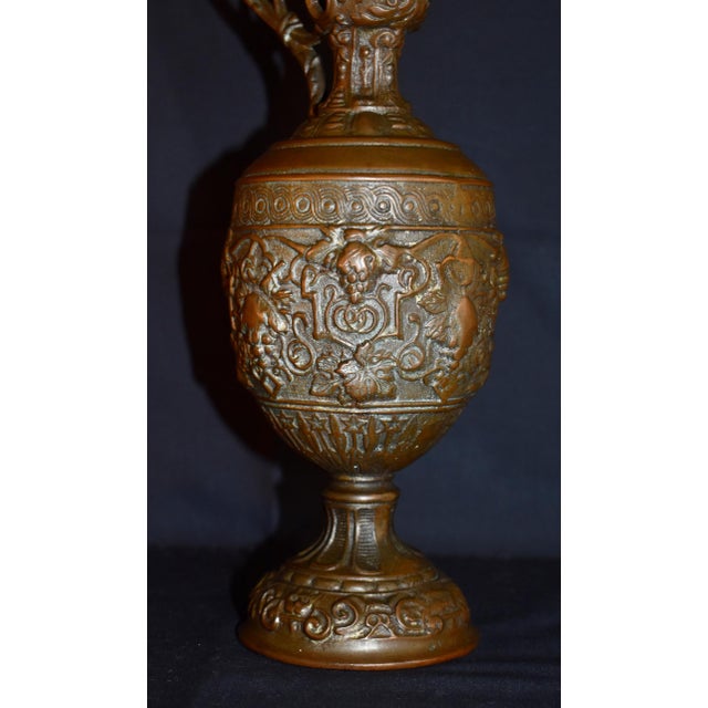 Victorian Antique Victorian Cast Metal Ewer Pitcher 12.5” Ornate Bacchus Grape Vines Urn For Sale - Image 3 of 15