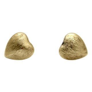 Vintage 14k Gold Puffy Heart Florentine Finish Stud Earrings, Pair For Sale