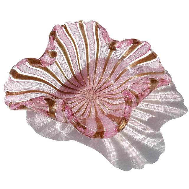 Pink Vintage Murano Fratelli Toso Pink White Copper Aventurine Ribbons Italian Large Art Glass Bowl For Sale - Image 8 of 8