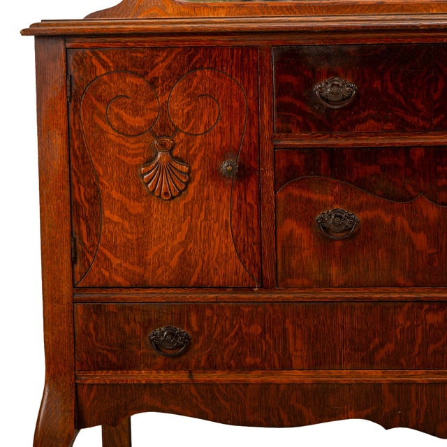 Wood Antique Tiger Oak Carved Sideboard Buffet W/ Original Beveled Mirror & Shell Details For Sale - Image 7 of 18