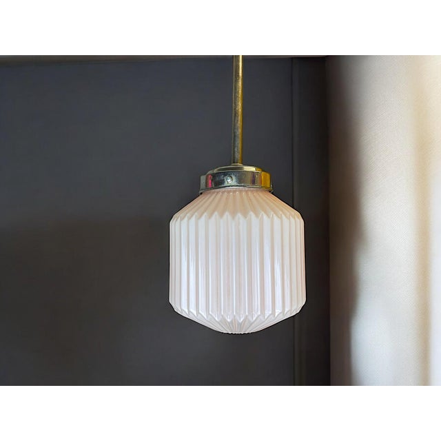 Art Deco Style Pink Ribbed Glass Hanging Lamp for Living Room or Hall, 1960s For Sale - Image 4 of 11