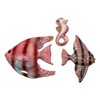 1950s MCM Ceramic Angel Fish & Seahorse 3 Piece Wall Sculpture Set by Freeman McFarlin For Sale
