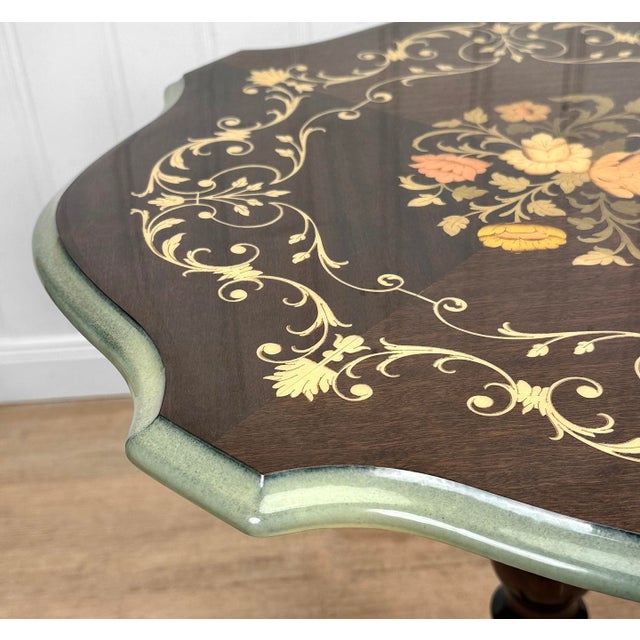 1970s Vintage Italian Rococo Floral Marquetry Fruitwood Turtle Top Side Table For Sale - Image 5 of 12