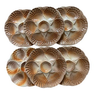 French Majolica Oyster Shell Plates from Sarreguemines, 1950s, Set of 6 For Sale