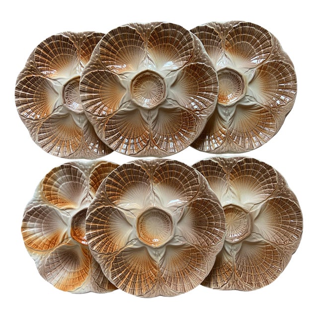 French Majolica Oyster Shell Plates from Sarreguemines, 1950s, Set of 6 For Sale