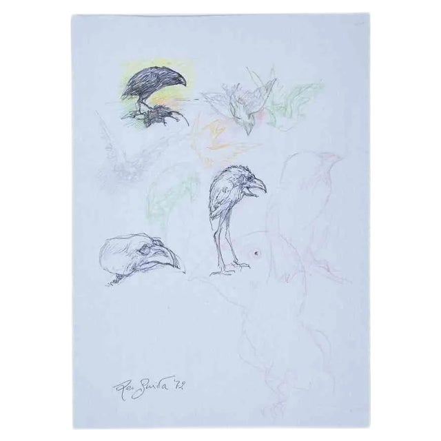 Leo Guida, Birds, Drawing, 1970s For Sale