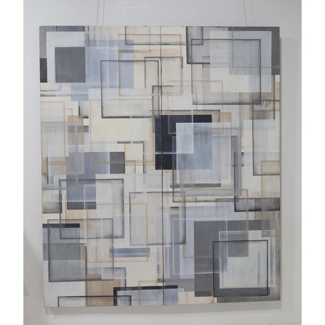 Large acrylic on canvas, abstract work of translucent squares in tan, off-white, blues, grays, black and browns. Titled...
