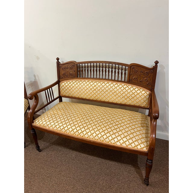 Late 19th Century East Lake Victorian Spindle Back Settee and Chair For Sale - Image 9 of 12