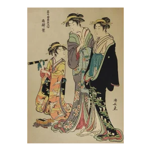 Vintage Mid Century Japanese Woodblock Geisha & Telescope Print