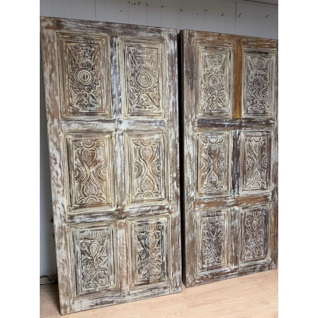 Vintage Whitewashed Carved Library Doors | Limewash Double Barn Doors | Handcrafted Statement Entryway For Sale In Orlando - Image 6 of 8