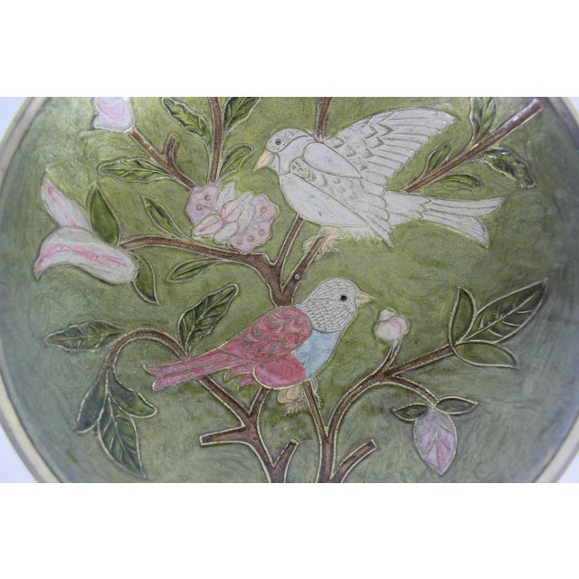 Vintage Enamelled Brass Pedestal Bowl Hand Painted Enamel Birds and Flowers For Sale - Image 10 of 13