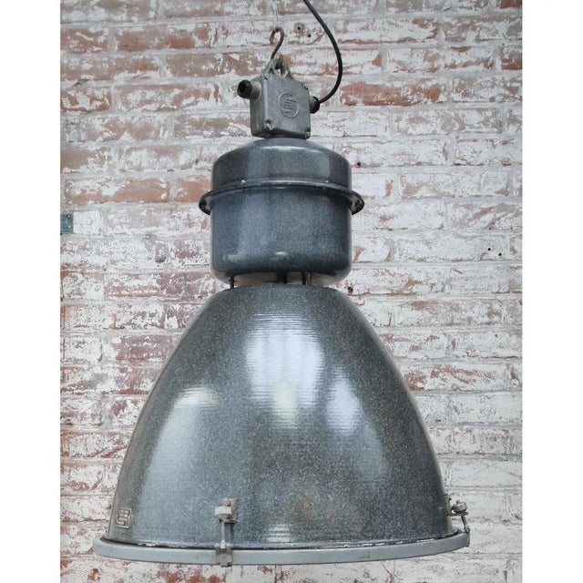 Large Vintage Industrial Gray Enamel and Glass Pendant Lamp For Sale - Image 4 of 5