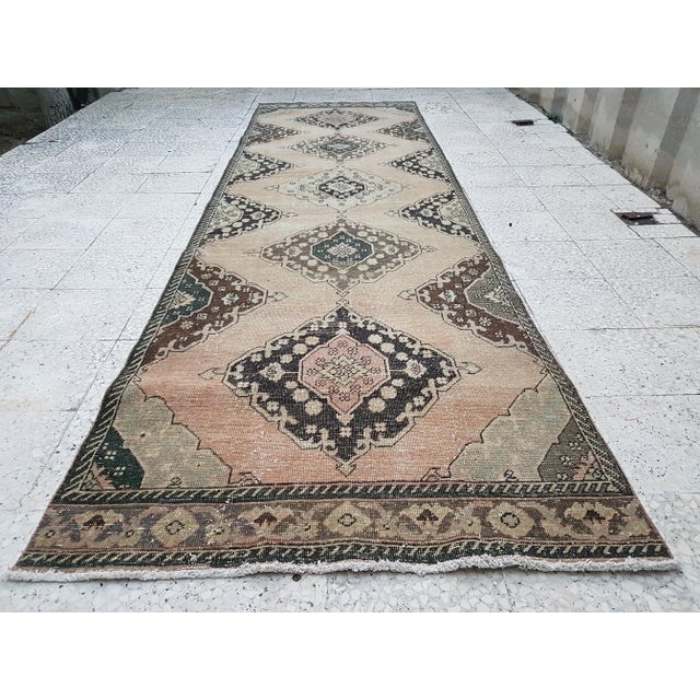 1970s Hand Knotted Vintage Turkish Anatolian Oushak Runner 3'8" X 12'8" For Sale - Image 12 of 12