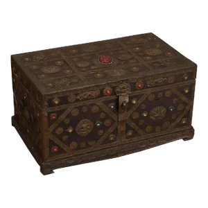 19th Century Tibetan Turquoise and Red Coral Decorated Travel Chest