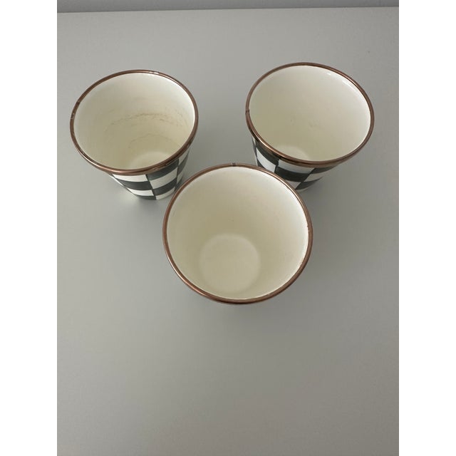 Mackenzie-Childs herb pots in metal enamel courtly check is the perfect addition to any kitchen. Each pot is 8oz.