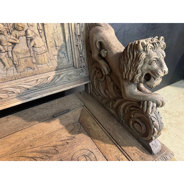 Antique French Carved Oak Bench with Tavern Scene, 1850 For Sale - Image 11 of 18