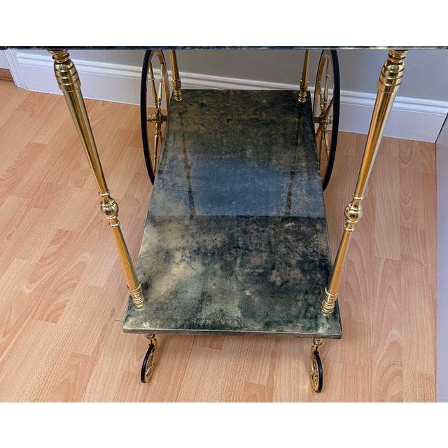 Aldo Tura Green Lacquered Goatskin Bar Cart, Brass Two-Tier Folding Drinks Trolley, Italy 1960s For Sale - Image 10 of 17