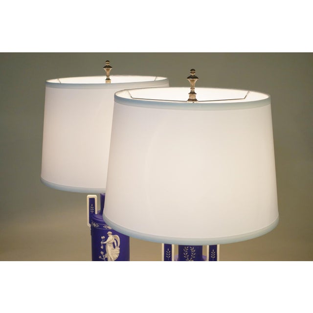 1930s Cobalt Noritake Wedgewood Jasperware Style Neoclassic Art Deco Table Lamps - a Pair For Sale - Image 12 of 15