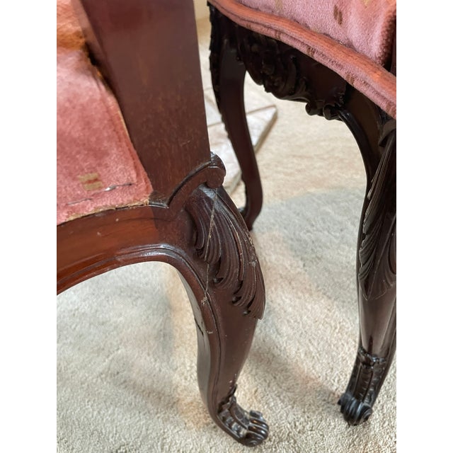 Victorian Late 19th Century Victorian Mahogany Parlor Chairs – Carved Elegance With Tapestry Charm (Pair) For Sale - Image 3 of 10