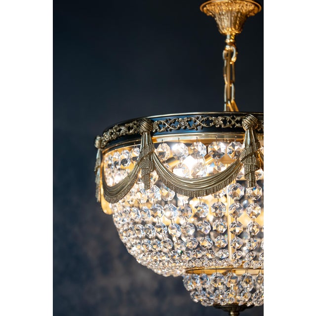 2020s Art Deco Low Plafonnier Crystal Chandelier in Gold Lustre Brass For Sale - Image 5 of 7