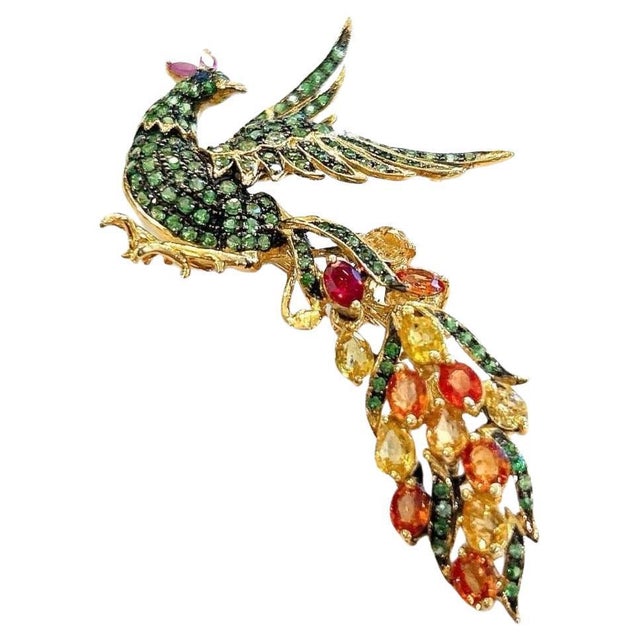 Contemporary Bochic “Orient” Ruby, Multi Sapphires & Tsavorite Brooch Set 18K Gold & Silver For Sale - Image 3 of 12