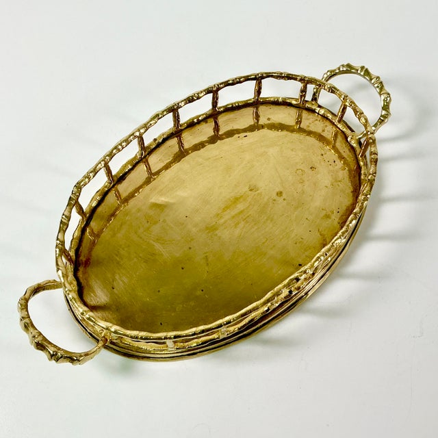 Mid 20th Century Mid-Century Hollywood Regency Coastal Boho Chic Oval Faux Bamboo Brass Tray, Mottahedeh Attributed For Sale - Image 5 of 13