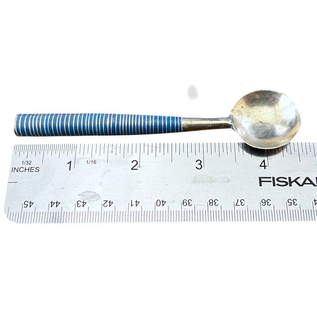 Vintage French Country Periwinkle Blue Ceramic Lidded Canister & Striped Spoon After Digoin Sarreguemines For Sale - Image 13 of 13