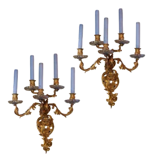 Antiques French Five-Arm Gilt Bronze and Crystal Wall Light Sconces - A Pair
