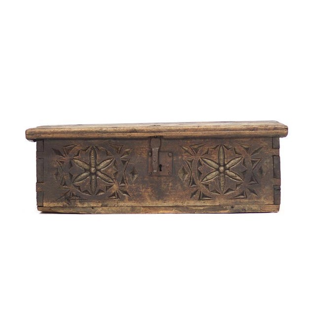 Traditional Antique Rustic Folk Art Spanish Carved Chest For Sale - Image 3 of 12