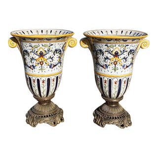Pair of Hand-Painted Italian Faience Urns With Gilt Bronze Bases - Signed For Sale
