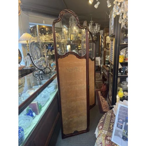 Antique Art Nouveau French Style Three Panel Dressing Screen with 3 Glass Panels. Upholstered front and back lower area as...