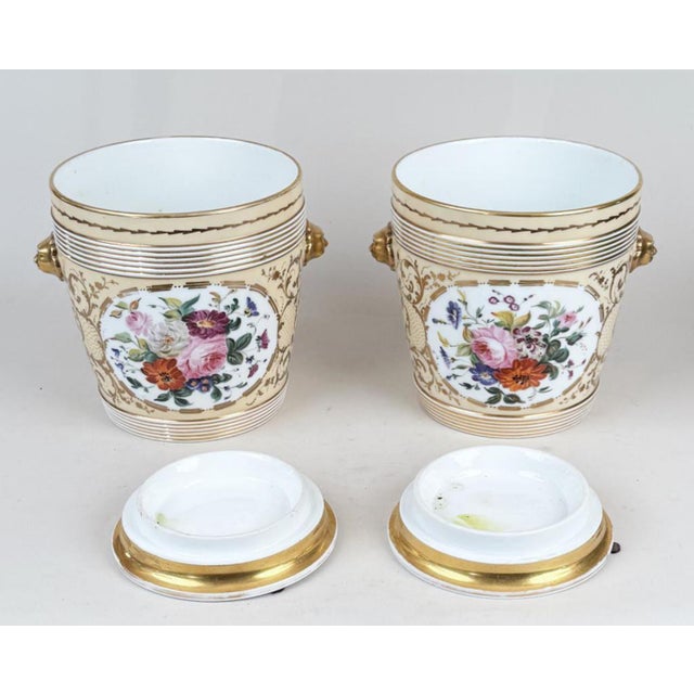 19th Century French Paris Porcelain Apricot Cachepot Planters & Stands With Lion Mask Handles Empire Taste - A Pair For Sale - Image 14 of 15