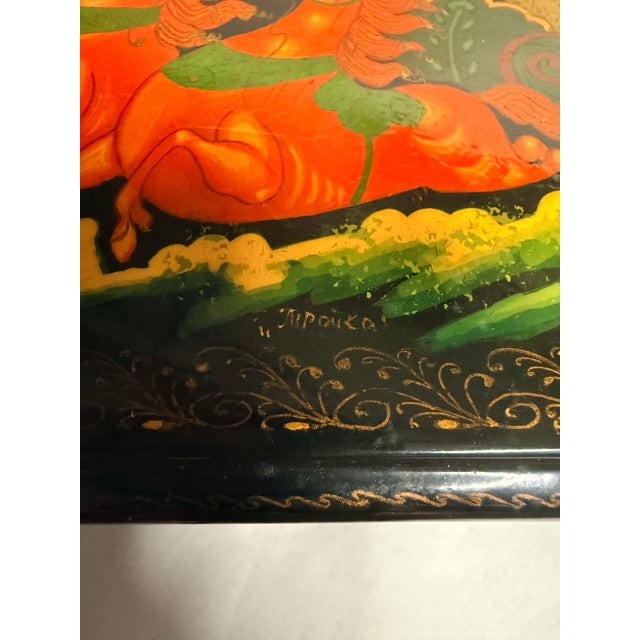 Black Hand-Painted Russian Lacquered Box With Horse and Sleigh Design For Sale - Image 8 of 12