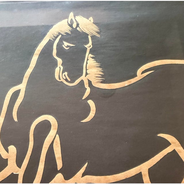 Framed woodblock drawing of a horse on a black ground by mid century modern Japanese artist Sonan Noda, as signed by the...