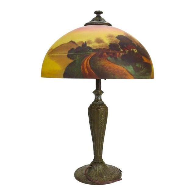 Yellow Arts & Crafts Phoenix Scenic Reverse Painted Table Lamp Signed a & R C1920 For Sale - Image 8 of 11