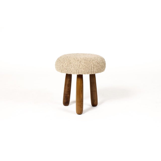 #1996 — Custom Awassi Tripod Ottoman / Footstool — Turned Walnut legs — Camel Tan Bouclé Custom made ottoman / foot stool...