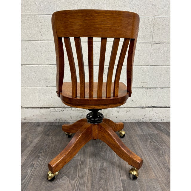 Brown Antique Oak Adjustable Swivel Desk Chair Banker Lawyer Jury Office Chair For Sale - Image 8 of 11