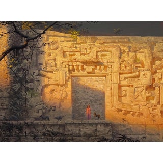 Xibalbá by Diego Glazer | Oil on Panel Scene of a woman and animals near an ancient stone wall For Sale