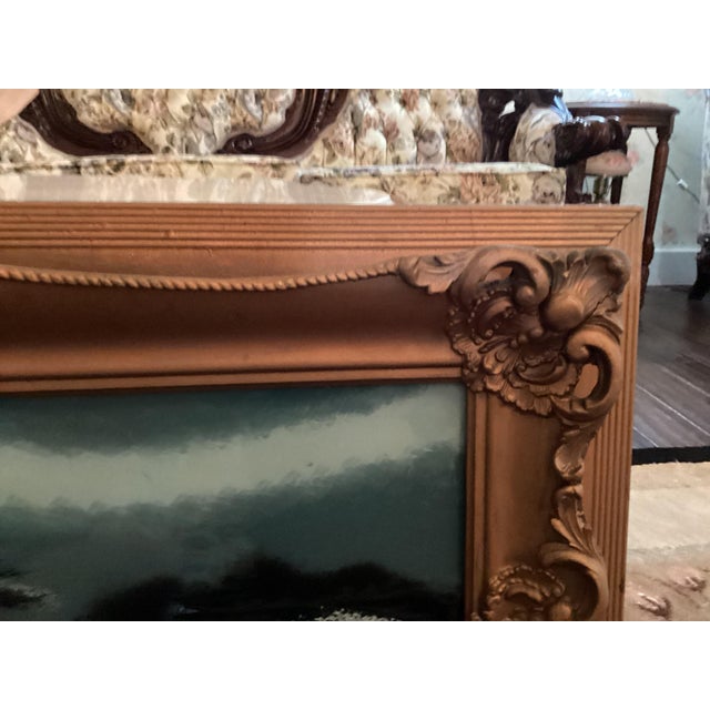 Antique Large Fancy Frame Reverse Painted Picture Catholic Church 47.25” X 19.25 Lovely Evening Moonshine Off Lake For Sale In South Bend - Image 6 of 17