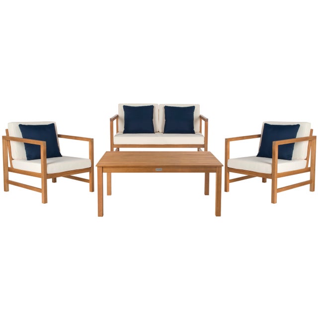 Outdoor Table and Chair Set With Accent Pillows in Natural & White & Navy - 4 Pieces For Sale - Image 10 of 10