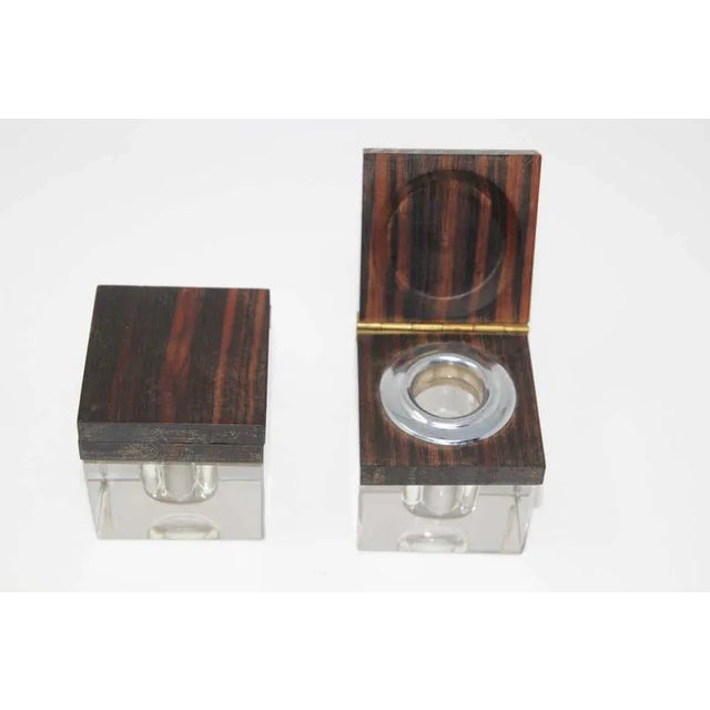 Art Deco Inkwells in Macassar Wood and Crystal, Jacques Adnet Style For Sale - Image 11 of 13