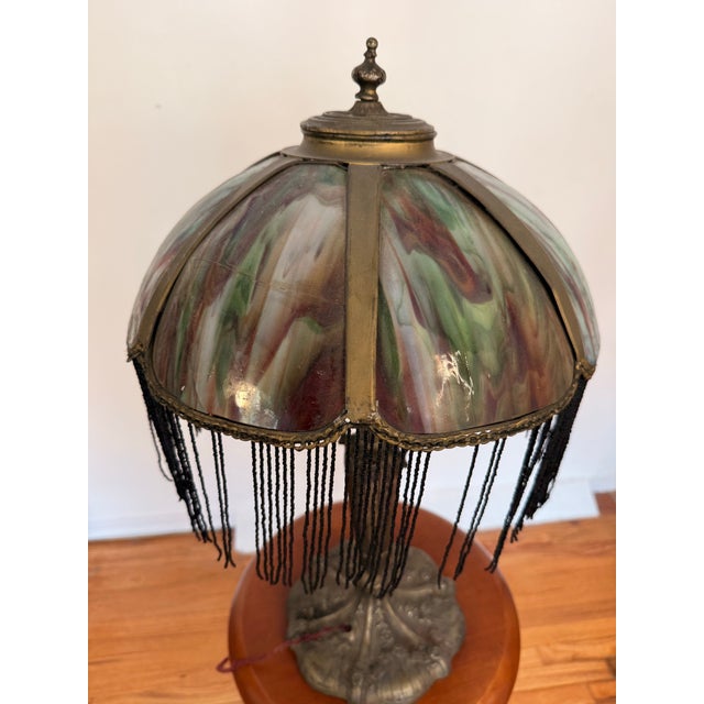 Antique Art Nouveau Slag Glass Table Lamp With Beaded Fringe For Sale - Image 4 of 10