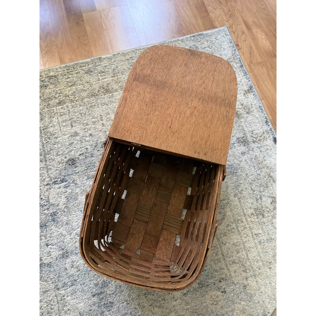 Vintage Large Woven Splint Wood Picnic Basket Double Swing Handle For Sale - Image 12 of 13