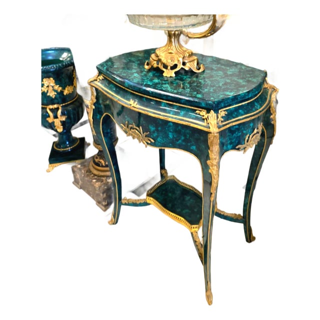French Louis XV Bottle Green Side Table With Gold Leaf & Bronze Ormolu Accents For Sale