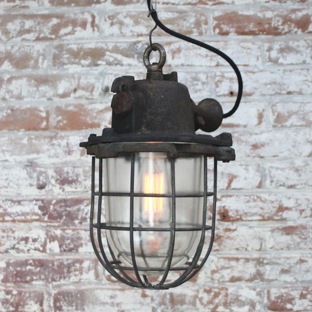 Vintage Industrial Rust Iron Clear Glass Pendant Lamp For Sale - Image 4 of 5